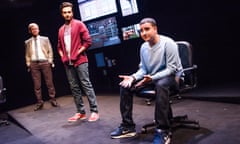 Gunnar Cauthery (Charlie Winter), Ronak Patani and Farshid Rokey in Another World by Gillian Slovo 
developed with Nicolas Kent from his original idea @ Temporary Space, National Theatre.
(Opening 15-04-16)
©Tristram Kenton 04/16
(3 Raveley Street, LONDON NW5 2HX TEL 0207 267 5550  Mob 07973 617 355)email: tristram@tristramkenton.com