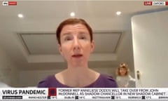 Video grab taken from Sky News of the newly installed shadow chancellor, Anneliese Dodds, as her daughter Isabella appears behind her