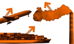 A cargo ship, an airplane, and a smokestack