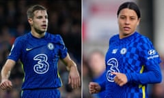 Cesar Azpilicueta and Sam Kerr playing in Chelsea shirts bearing Three’s logo