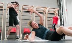 Wrestling, with ideas … Lesley Hart (front), during rehearsals for Thrown.