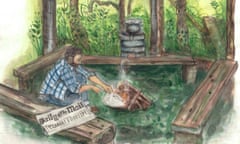 Illustration, of Mark Boyle recycling copy of Daily Mail as fuel for a fire,  by Kirsty Alston
