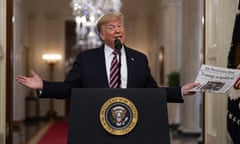 Donald Trump<br>President Donald Trump holds up a newspaper tat reads “Trump acquitted” during during an event celebrating his impeachment acquittal, in the East Room of the White House, Thursday, Feb. 6, 2020, in Washington. (AP Photo/Evan Vucci)