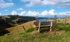 A bench looking towards Man O' War Bay on the eastern side of Waiheke Island, New Zealand, in February 2015.