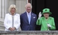 Camilla, Charles and the Queen wave to crowds outside Buckingham Palace on Sunday evening.