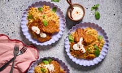 Alice Zaslavsky’s pumpkin fritters on a bed of chickpea couscous served with yoghurt, paprika and mint