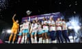 San Diego Wave FC forward Alex Morgan lifts the Challenge Cup after Friday’s win over NJ/NY Gotham FC at Red Bull Arena.