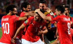 Egypt’s Mahmoud ‘Trezeguet’ Hassan celebrates after scoring against Zimbabwe.