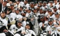 The Pittsburgh Penguins celebrate with the Stanley Cup after their 3-1 win over the San Jose Sharks in Game 6