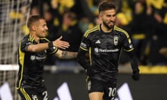 MLS: MLS Cup Eastern Conference First Round-Game 3-Atlanta United FC at Columbus Crew SC<br>Nov 12, 2023; Columbus, Ohio, USA; Columbus Crew forward Diego Rossi (10) celebrates his goal against the Atlanta United FC during the second half at Lower.com Field. Mandatory Credit: Joseph Maiorana-USA TODAY Sports