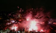 Supporters of Brazil's Sao Paulo cheer for their team outside Morumbi stadium before the 2016 Copa Libertadores semi final first leg against Colombia's Atletico Nacional.