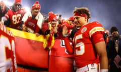 Patrick Mahomes greets fans after a playoff win last month