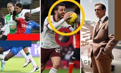 Jean-Philippe Mateta goes down before a ridiculously slow VAR call; David Silva celebrates a return to winning ways; James Bond in Goldfinger (Alisson Becker's alter ego).