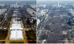 A combination of photos shows the crowds attending the inauguration ceremonies of Donald Trump, left, and Barack Obama. These pictures were taken by Reuters, and were not the edited images.