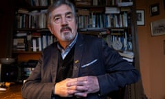 Sebastian Barry sitting at his desk in his study at home in County Wicklow.