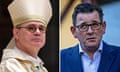 Left: Archbishop-elect Peter Comensoli is seen during a mass to officially replace the retiring Archbishop of Melbourne and Right: Victorian Premier Daniel Andrews speaks to the media during a press conference in Melbourne