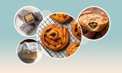 Sorted composite for baked goods featuring scrolls, lamingtons, pie and custard slice