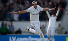 Stuart Broad celebrates after taking Australia’s last wicket in the fifth Test at the Oval.