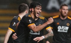 Raúl Jiménez celebrates scoring for Wolves in their 3-3 Europa League draw against Braga in Portugal.