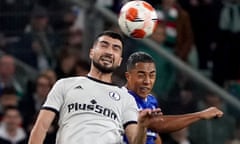 FBL-EUR-C3-WARSAW-LEICESTER<br>Leicester City's Belgian midfielder Youri Tielemans (R) vies for the ball with Legia Warszawa's Azerbaijani midfielder Mahir Emreli during the UEFA Europa League Group C football match between Legia Warszawa and Leicester City FC in Warsaw on September 30, 2021. (Photo by JANEK SKARZYNSKI / AFP) (Photo by JANEK SKARZYNSKI/AFP via Getty Images)