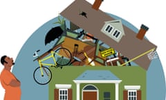 Too much stuff<br>Distressed black man looking at a house bursting with stuff, vector illustration, EPS 8