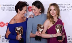 Fiona Shaw, Phoebe Waller-Bridge and Jodie Comer with their Bafta awards