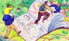 Illustration; ramblers scale a ‘passport’ mountain