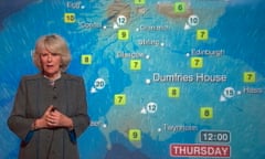 A better class of weather … the Duchess of Cornwall presenting a special weather forecast during a visit to BBC Scotland’s headquarters in Glasgow in 2012, when the Met Office still supplied the BBC’s forecasts.