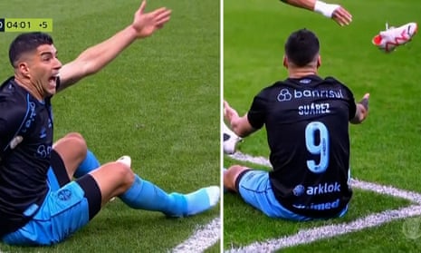 Opponent throws Luis Suárez's boot off pitch after striker appeals in vain for free-kick – video 