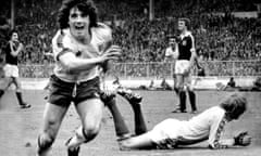 Kevin Keegan after scoring for England v Scotland in the 1979 British Home Championship at Wembley Stadium