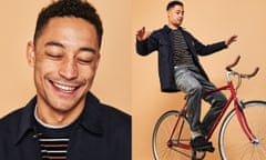 A composite of two pictures of Loyle Carner, on the left smiling broadly with his eyes shut and on the right balancing on a bike, hands free