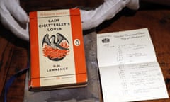 A copy of Lady Chatterley’s Lover that was the judge’s personal version used in the infamous 1960 Chatterley trial, on view in Sotheby’s auction house in London. 