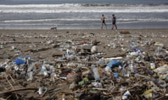 Plastic trash on Berawa Beach, Bali, Indonesia.