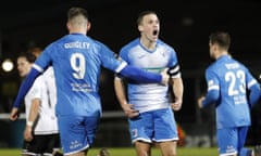 Barrow’s John Rooney celebrates after scoring against Dover in February.