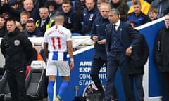 FBL-ENG-PR-BRIGHTON-BOURNEMOUTH<br>Brighton’s French midfielder Anthony Knockaert (L), as Brighton’s Irish manager Chris Hughton (R) looks on, leaves the field after receiving the red card during the English Premier League football match between Brighton and Hove Albion and Bournemouth at the American Express Community Stadium in Brighton, southern England on April 13, 2019. (Photo by Glyn KIRK / AFP) / RESTRICTED TO EDITORIAL USE. No use with unauthorized audio, video, data, fixture lists, club/league logos or ‘live’ services. Online in-match use limited to 120 images. An additional 40 images may be used in extra time. No video emulation. Social media in-match use limited to 120 images. An additional 40 images may be used in extra time. No use in betting publications, games or single club/league/player publications. / GLYN KIRK/AFP/Getty Images