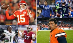 Clockwise from left; Patrick Mahomes, Jeff Saturday, Geno Smith, Russell Wilson, Nick Bosa, Sauce Gardner