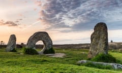 Men-an-Tol standing stones at sunrise, Cornwall, UK.