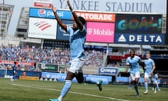 Chris Gloster celebrates a goal for New York City FC at Yankee Stadium earlier this season