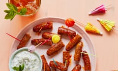 Thomasina Miers' sticky apricot-harissa Merguez cocktail sausages with mint yoghurt and cardamom infused mojito.