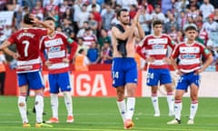 Granada's players react to losing 4-0 at home to Real Madrid hours after their relegation from La Liga was confirmed.