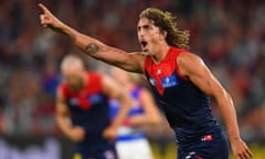 Luke Jackson of the Demons after kicking a goal during the AFL season opener between Melbourne and Western Bulldogs at the MCG.