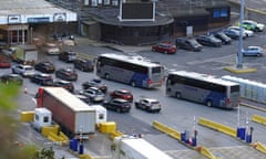 Two coaches wait in line in the check-in lanes at the Port of Dover in Kent last weekend