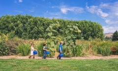 Three children walking in line through countryside carrying buckets