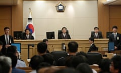 GWANGJU, SOUTH KOREA - APRIL 28:  Judges sit to preside over verdicts of the sunken South Korean ferry Sewol's crew members are charged with negligence and abandonment of passengers in the disaster at the Gwangju High Court on April 28, 2015 in Gwangju, South Korea. The appeal trial concluded life in prison to the captain of Sewol ferry, jailed over the sinking that claimed more than 300 lives.  (Photo by Ahn Young-Joon - Pool/Getty Images)