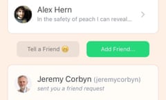 A fake Jeremy Corbyn account sends a friend request on Peach.