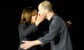 Vice President Kamala Harris, left, greets reporter Evan Gershkovich at Andrews Air Force Base,  following his release as part of a 24-person prisoner swap between Russia and the United States