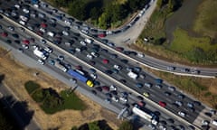 aerial view above traffic jam interstate 80 Berkeley Emeryville California<br>BMRPP7 aerial view above traffic jam interstate 80 Berkeley Emeryville California