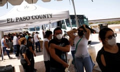 Mexican residents rode busses across the border during a binational Covid-19 vaccination program, in Tornillo, Texas.