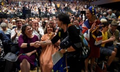 The Liberal Democrat leader, Jo Swinson, shakes hands with a delegate at the party’s conference in Bournemouth.