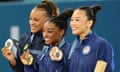 Simone Biles with her gold medal, alongside Brazil’s Rebeca Andrade (silver, left) and US teammate Sunisa Lee (bronze, right).